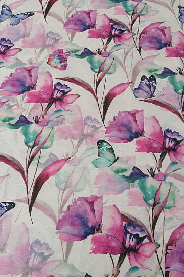 Tissu décoratif FLEURS ET PAPILLONS CATALEYA VIOLET TURQUOISE