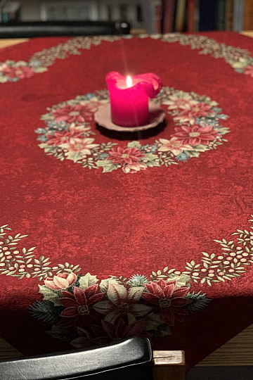 Nappes et foulards tapisserie de Noël ROSES DE NOËL - COURONNE DE HOUX ROUGE