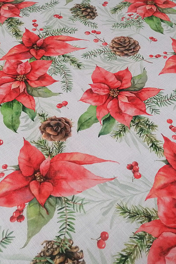 Tissu de décoration de Noël Poinsettia et pommes de pin
