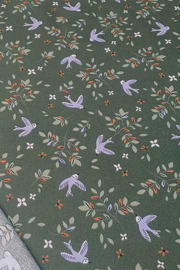 Tissu coton Oiseaux kaki