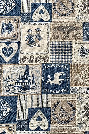 Tissu jacquard décoratif PATCHWORK HEARTS BLEU