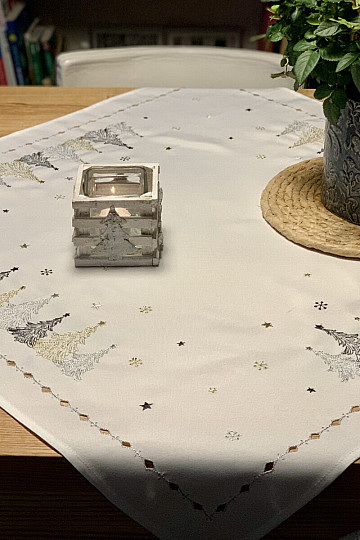 Nappe et châles de Noël brodés ARBRES OR BLANC