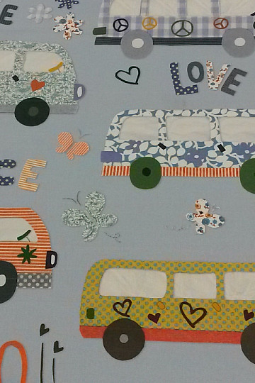 Tissu déco enfant HIPPIE CARS bleu