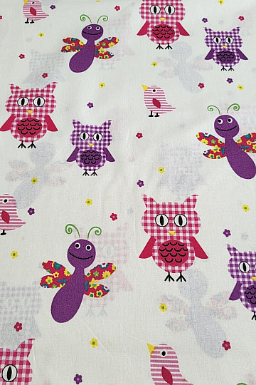 Tissu décoratif pour enfants HIBOUX ET PAPILLONS VIOLETTES
