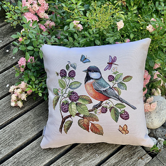 Housse de coussin tapisserie HOUX OISEAU SUR UNE épine-vinette