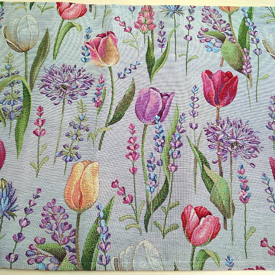 Nappe tapisserie, écharpe Printemps - tulipes gris-bleu