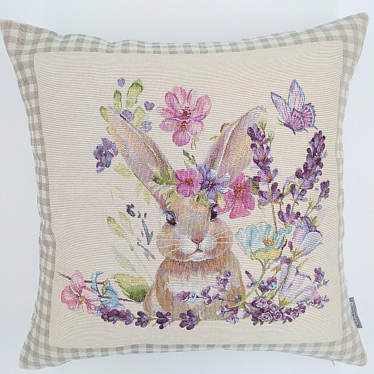 Housse de coussin tapisserie BUNNY IN A FRAME carreaux beiges