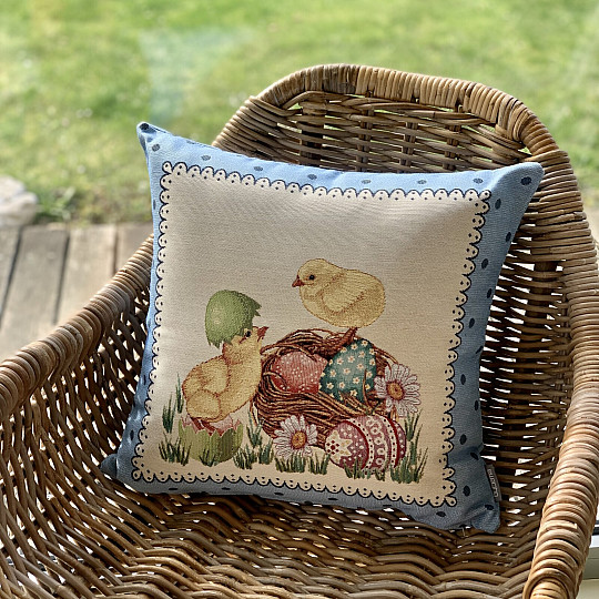 Housse de coussin Gobelin POUSSIN DE PÂQUES cadre bleu
