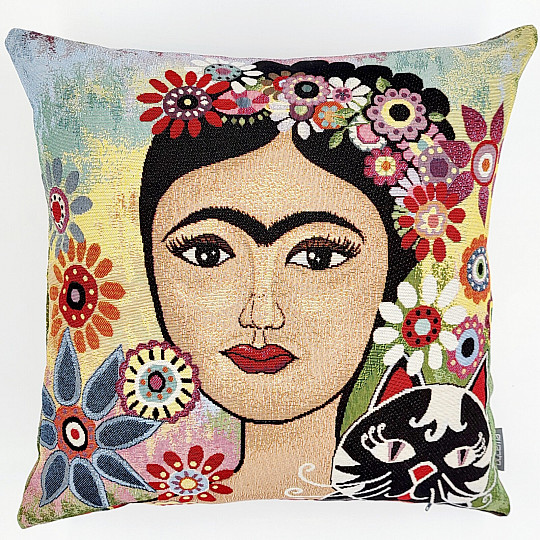 Housse de coussin tapisserie FRIDA avec un chat