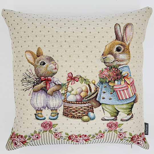 Housse de coussin tapisserie LAPIN AUX ROSES beige