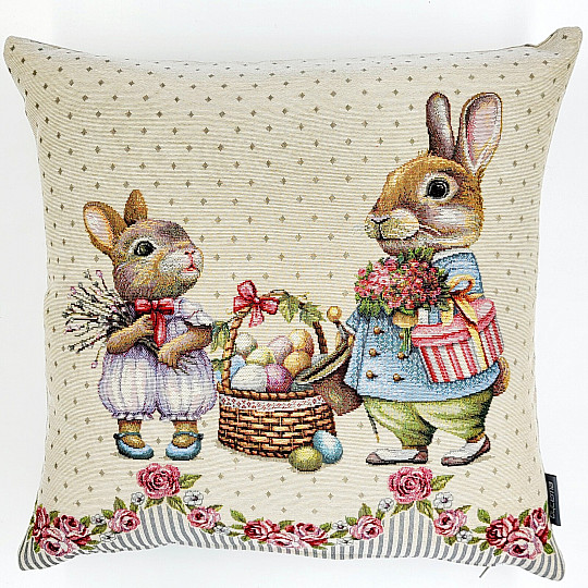 Housse de coussin Gobelin LAPIN AUX ROSES gris