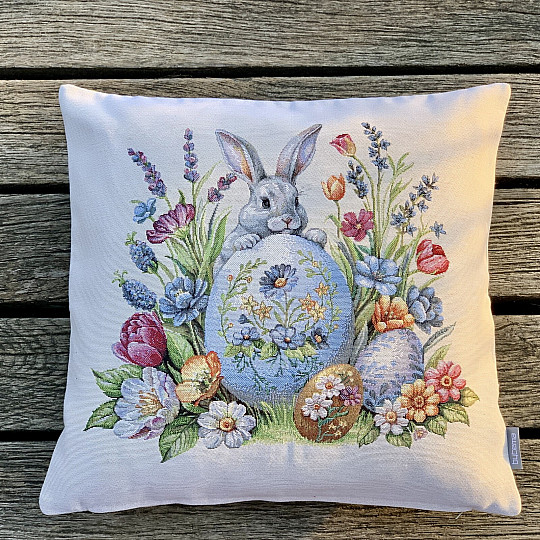 Housse de coussin tapisserie LIEVRE ET OEUFS BLEU