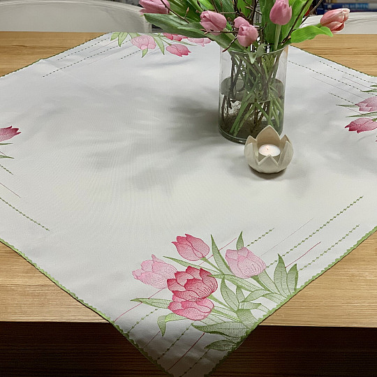 Nappe et foulard brodés Tulipes roses