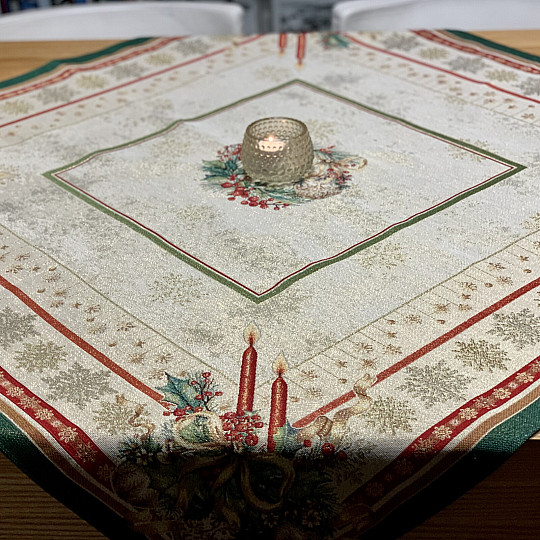 Nappe et écharpe en tapisserie BOUGIES FLAMBOYANTES bordure verte