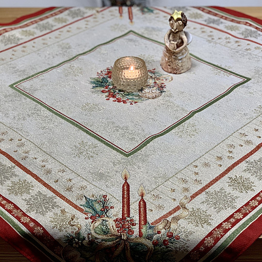 Nappe et écharpe en tapisserie BOUGIES FLAMBOYANTES bordure rouge