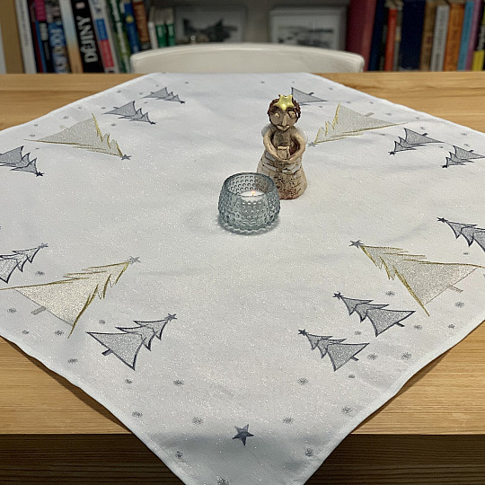 Nappe et foulard brodés GRIS ARBRES DORÉS