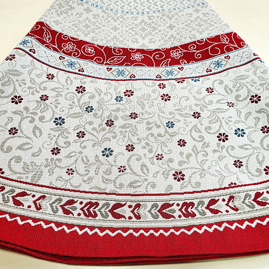 Nappe ronde en tapisserie, motif fleurs encadrées