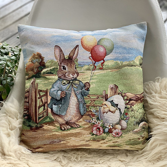 Housse de coussin en tapisserie LAPIN AVEC BALLONS