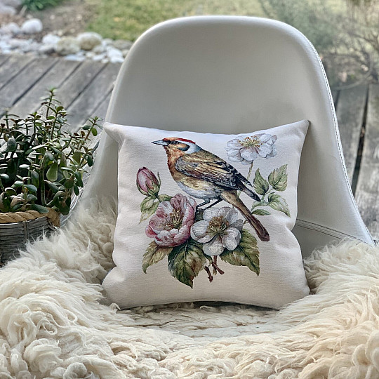 Taie doreiller en tapisserie, motif CHARDONNERET SUR LE POMMIER