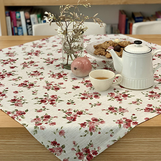 Nappe et foulard FLEURS LINO rouge