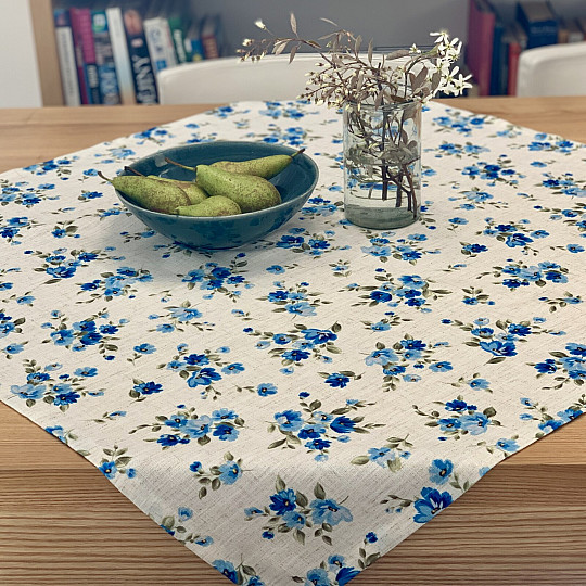 Nappe et foulard FLEURS LINO bleu