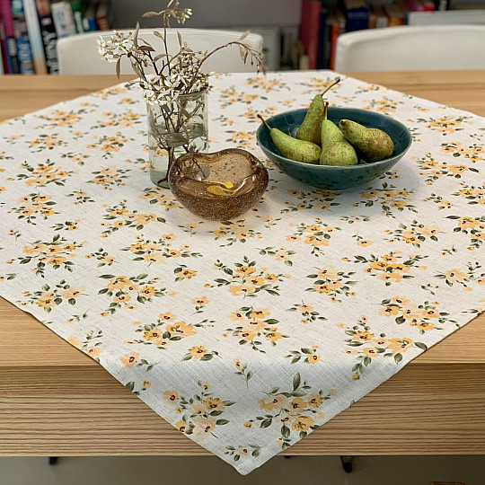 Nappe et foulard FLEURS LINO jaune
