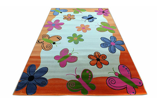 Tapis enfant KIDS PAPILLONS et FLEURS orange