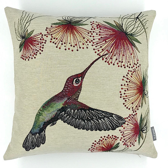 Housse de coussin tapisserie COLIBRI FLEUR ROUGE
