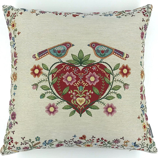 Housse de coussin tapisserie COEURS ET OISEAUX