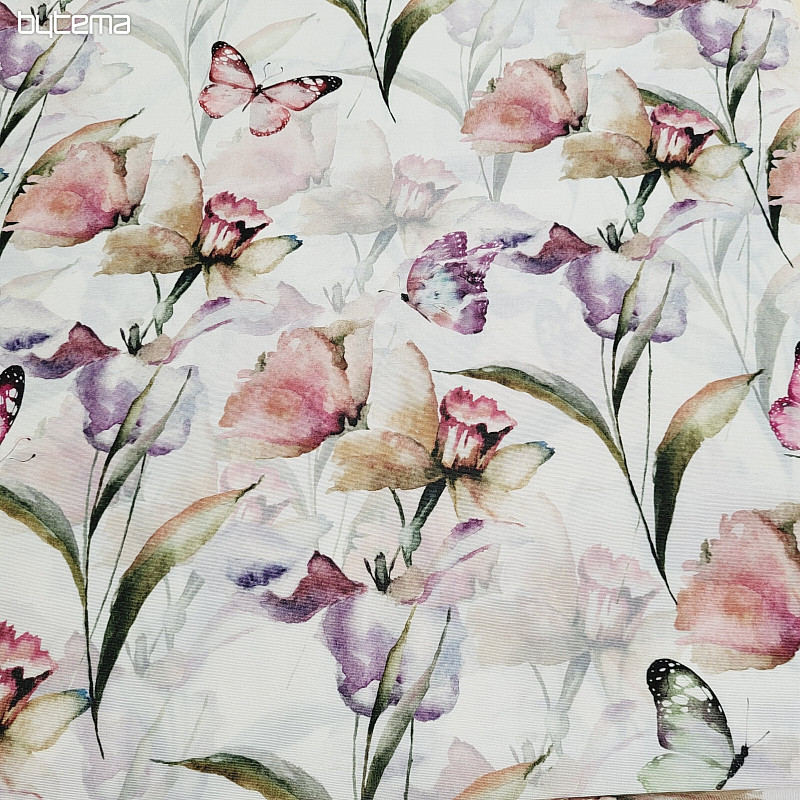 Tissu décoratif FLEURS ET PAPILLONS CATALEYA vert-violet