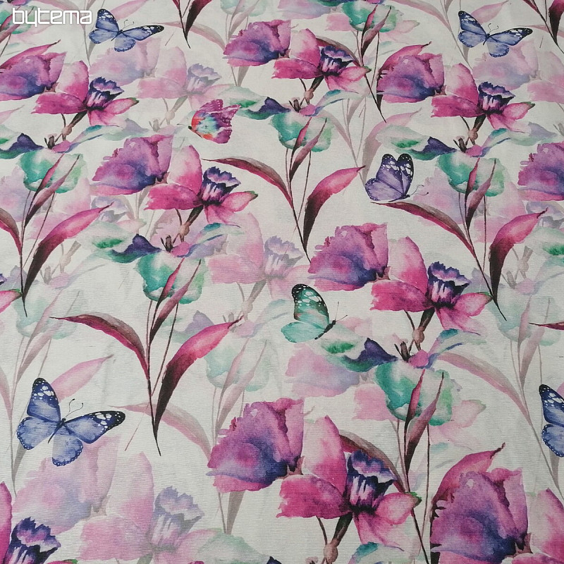 Tissu décoratif FLEURS ET PAPILLONS CATALEYA VIOLET TURQUOISE