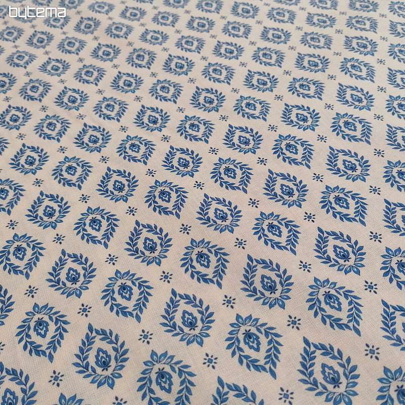 Tissu coton FOLK FEUILLES BLEUES
