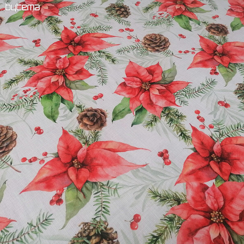 Tissu de décoration de Noël Poinsettia et pommes de pin