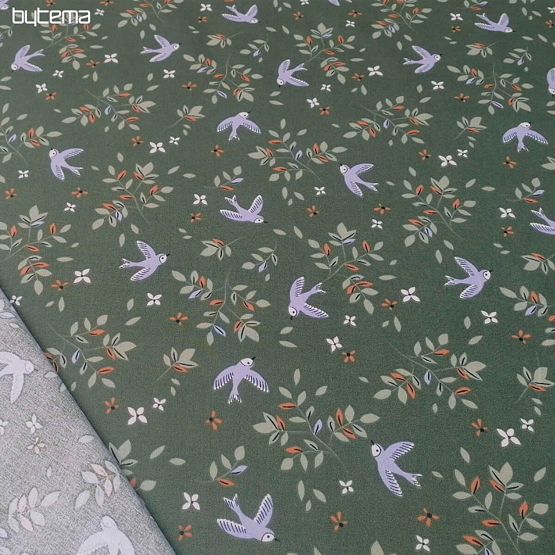 Tissu coton Oiseaux kaki