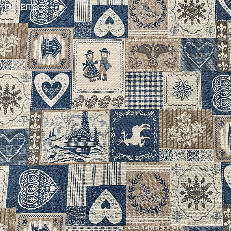 Tissu jacquard décoratif PATCHWORK HEARTS BLEU