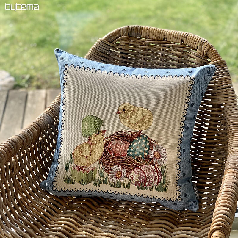 Housse de coussin Gobelin POUSSIN DE PÂQUES cadre bleu