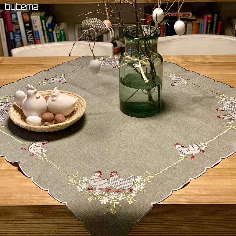 Nappe et écharpe de Pâques brodées POULE ET FLEURS gris