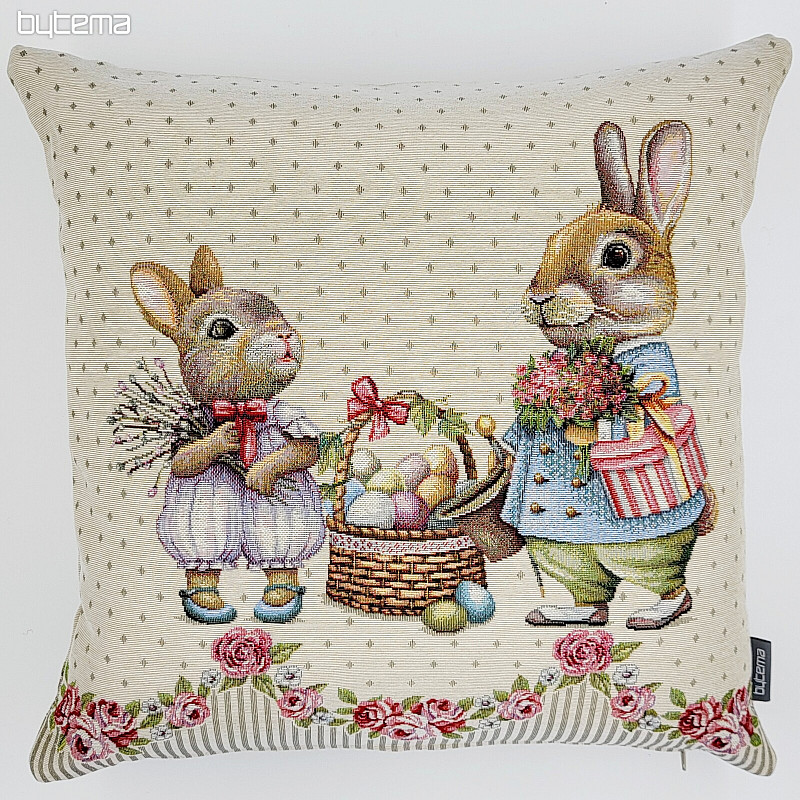 Housse de coussin tapisserie LAPIN AUX ROSES beige