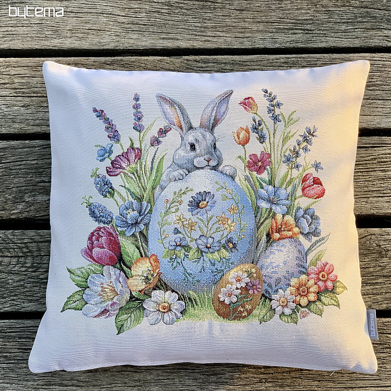 Housse de coussin tapisserie LIEVRE ET OEUFS BLEU