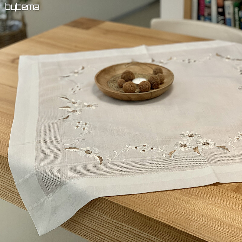 Nappe et foulard brodés MARGUERITES MARRON