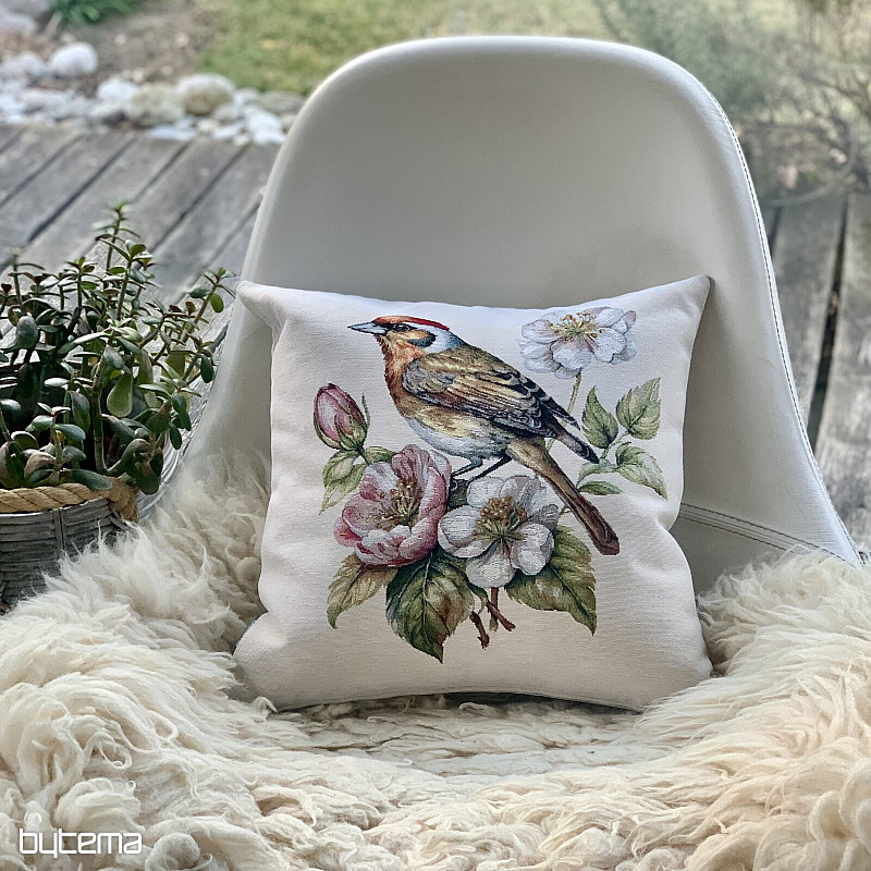 Taie doreiller en tapisserie, motif CHARDONNERET SUR LE POMMIER