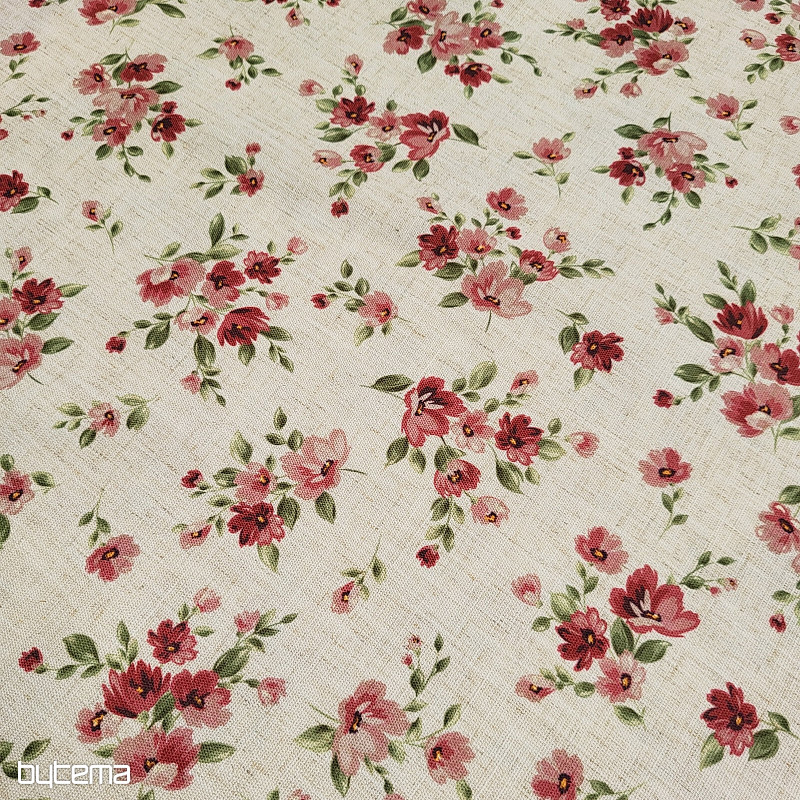 Tissu décoratif FLEURS LINO rouge