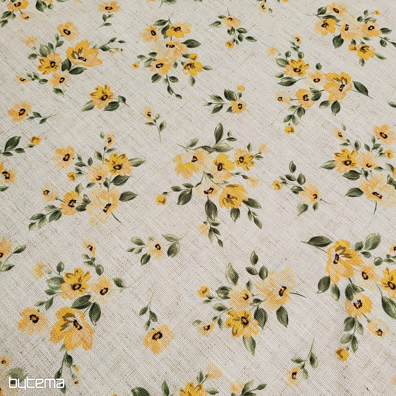 Tissu décoratif FLEURS LINO jaune