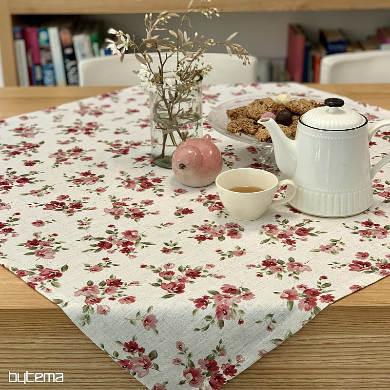 Nappe et foulard FLEURS LINO rouge