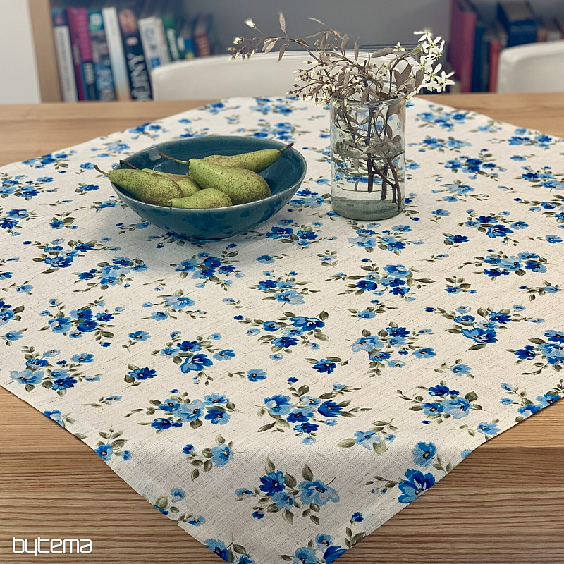 Nappe et foulard FLEURS LINO bleu