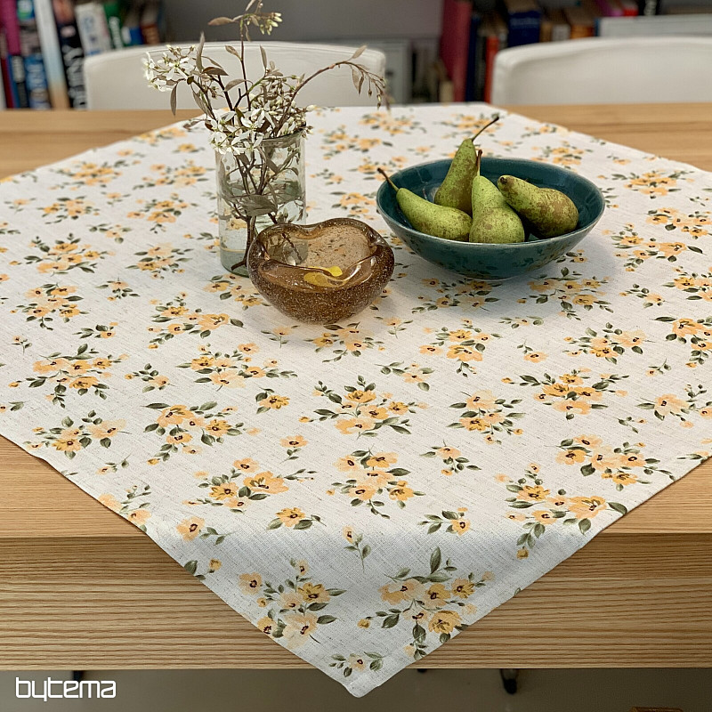 Nappe et foulard FLEURS LINO jaune
