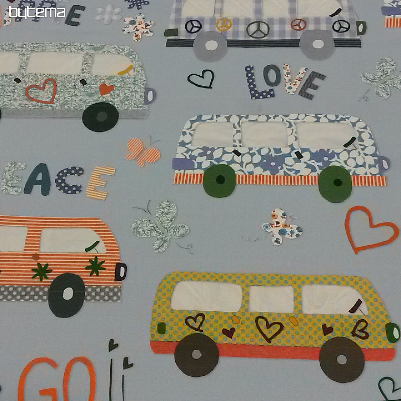 Tissu déco enfant HIPPIE CARS bleu