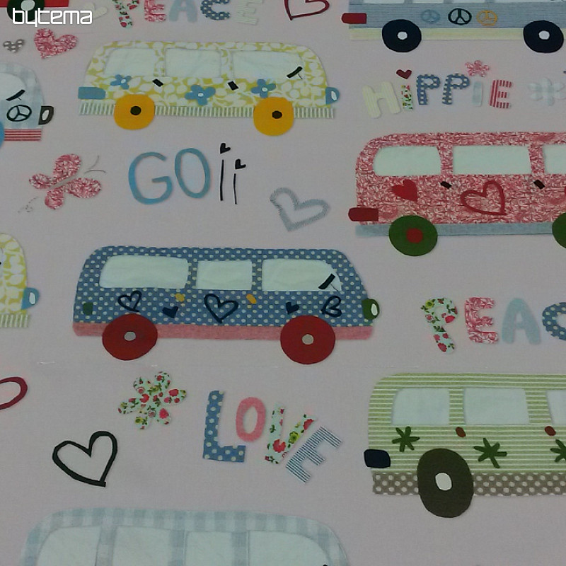 Tissu déco enfant HIPPIE CARS rose