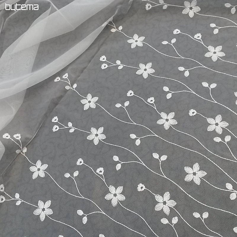 Rideau de luxe brodé GERSTER 11666 fleurs blanches