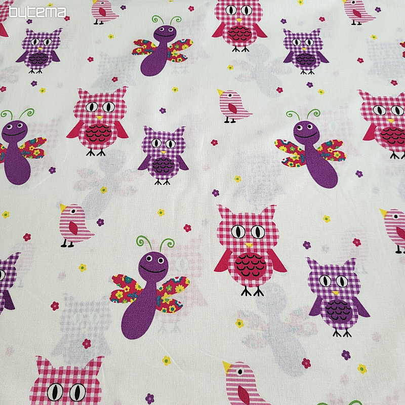Tissu décoratif pour enfants HIBOUX ET PAPILLONS VIOLETTES